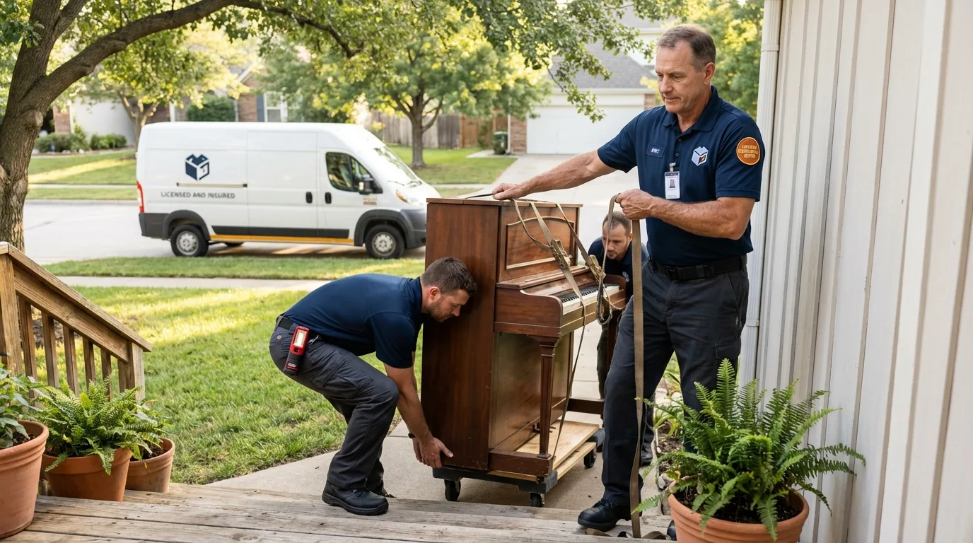Licensed piano movers securing grand piano in Chesapeake Beach, MD