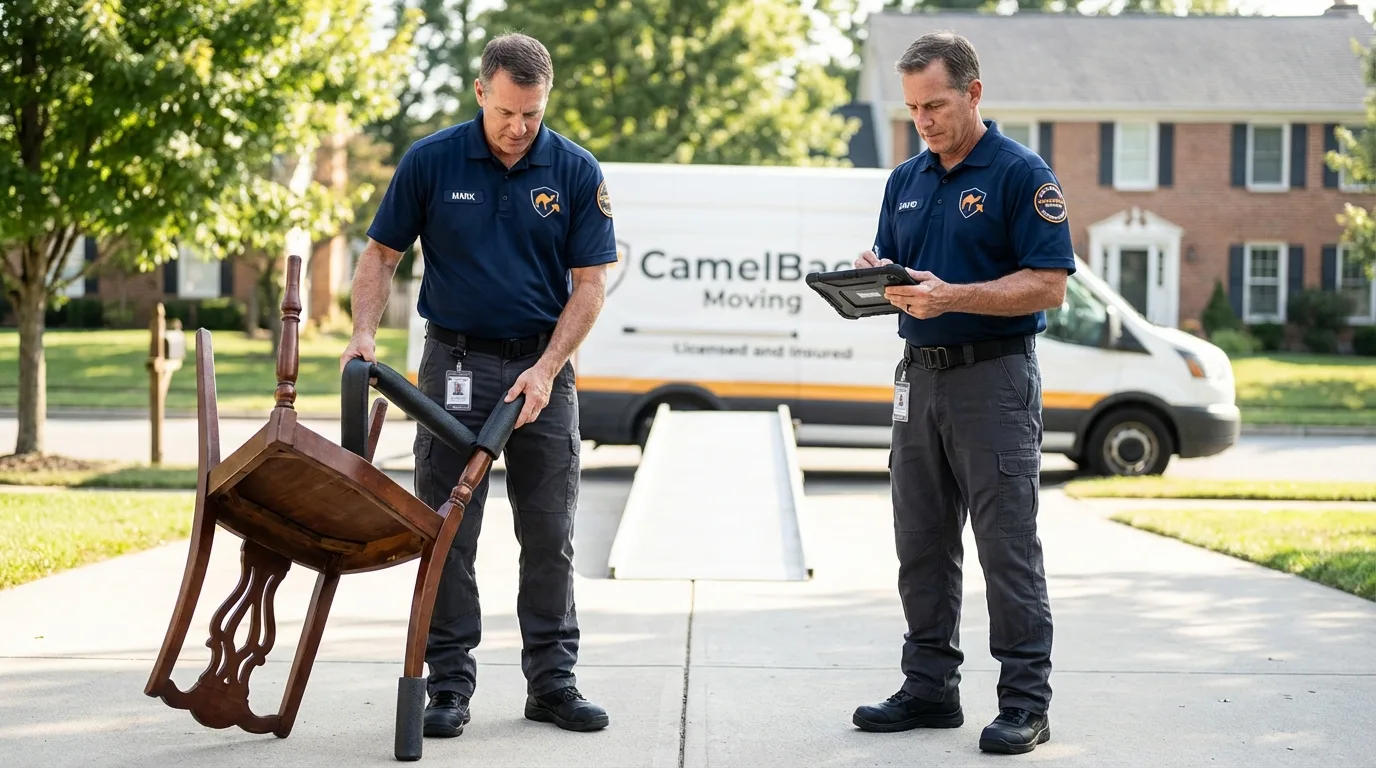 Movers inspecting furniture for damage prevention before loading in Chesapeake Beach, MD